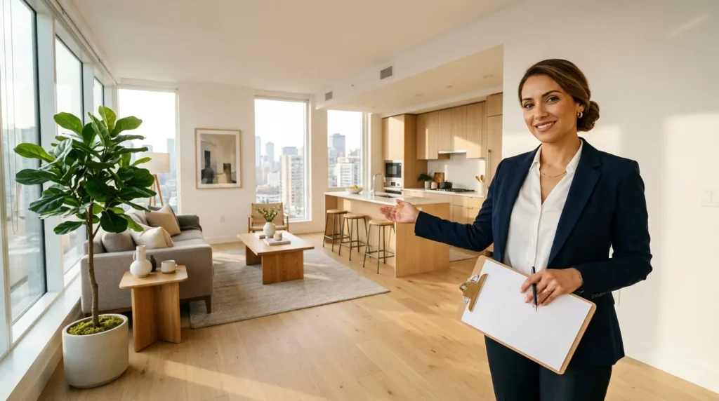 Femme agent immobilier dans appartement luxe avec vue ville