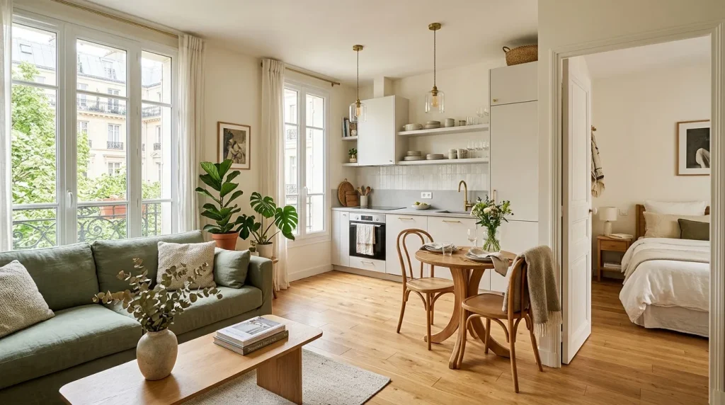 Studio contemporain avec cuisine ouverte, salon et chambre aménagés