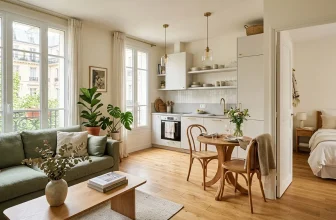 Studio contemporain avec cuisine ouverte, salon et chambre aménagés