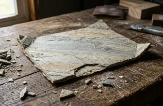 Fragment d'ardoise grise cassée avec débris sur surface bois