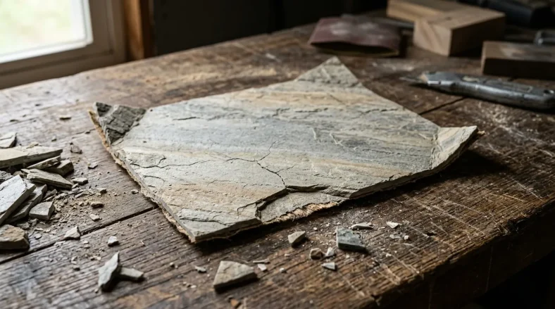 Fragment d'ardoise grise cassée avec débris sur surface bois