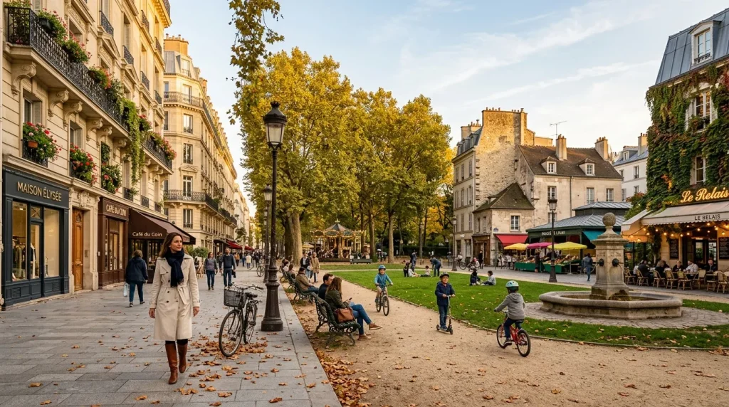 Square parisien automnal avec promeneurs, enfants à vélo et terrasses