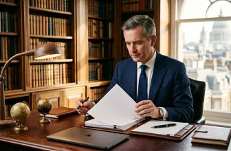 Homme d'affaires en costume lisant des documents dans un bureau élégant