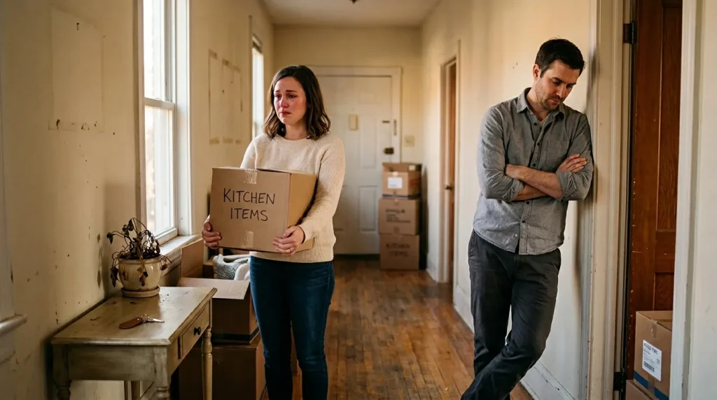 Femme portant un carton cuisine, homme pensif dans un couloir