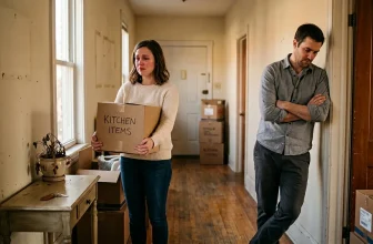 Femme portant un carton cuisine, homme pensif dans un couloir