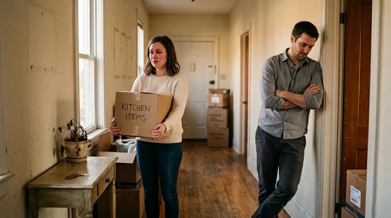 Femme portant un carton cuisine, homme pensif dans un couloir