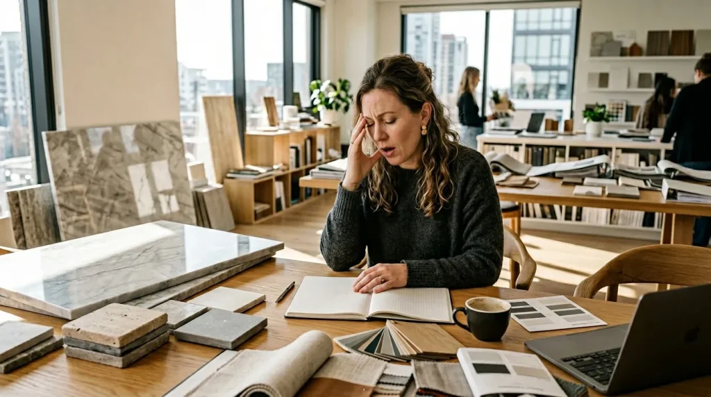 Femme designer travaille avec échantillons matériaux en bureau moderne