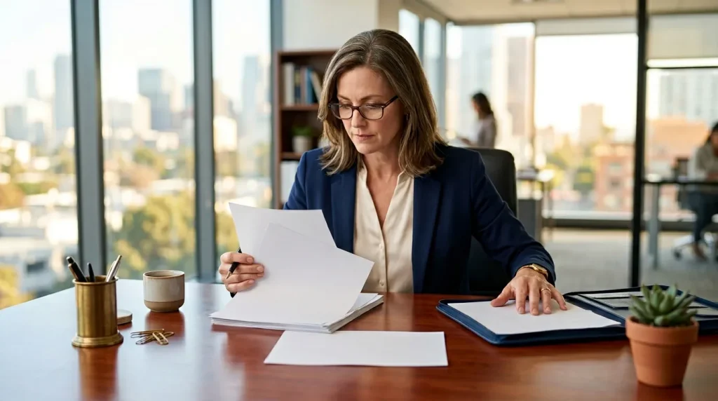 Femme en costume bleu travaillant à son bureau avec documents