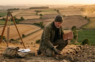 Géomètre examine sol avec équipement topographique campagne