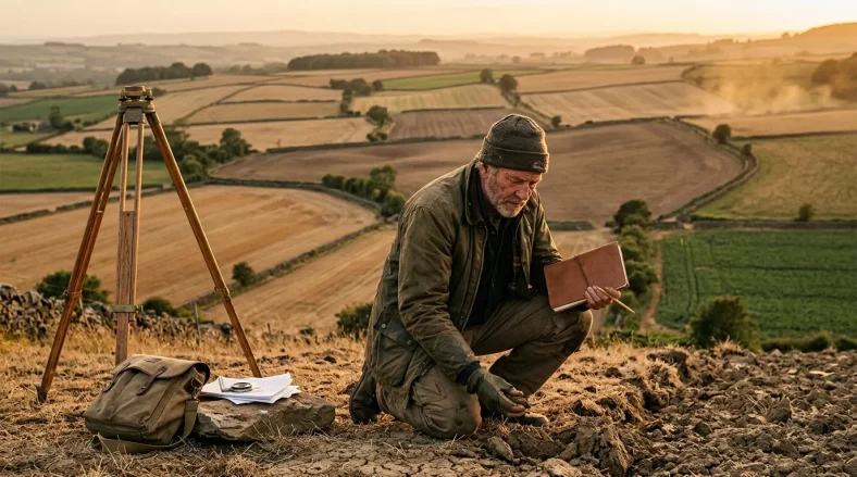 Géomètre examine sol avec équipement topographique campagne