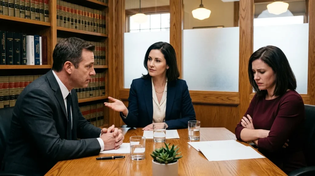 Trois avocats en discussion dans une salle de conférence