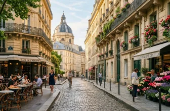 Rue pavée de Paris avec cafés, fleurs et dôme architectural au fond