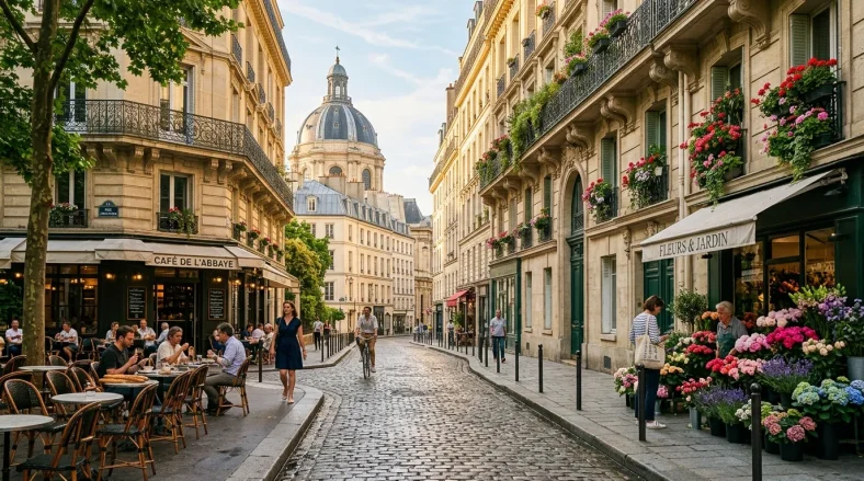 Rue pavée de Paris avec cafés, fleurs et dôme architectural au fond