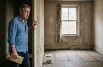 Homme en chemise bleue inspectant une pièce abandonnée