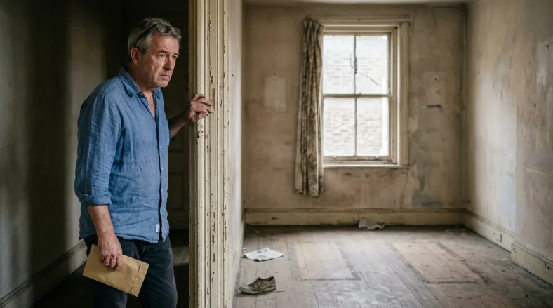 Homme en chemise bleue inspectant une pièce abandonnée